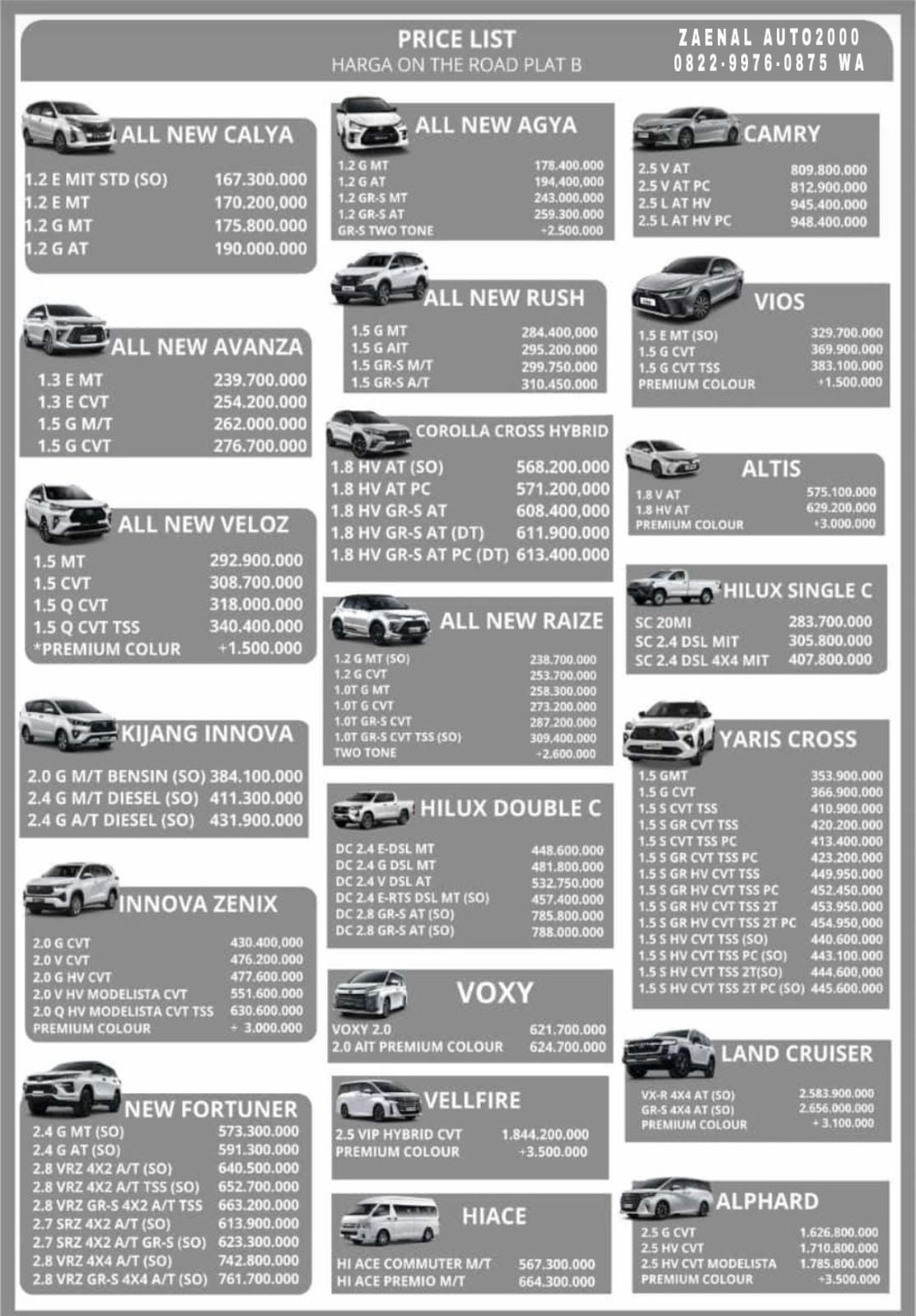 Harga  Jakarta Pricelist Toyota Oktober 2024 Plat B